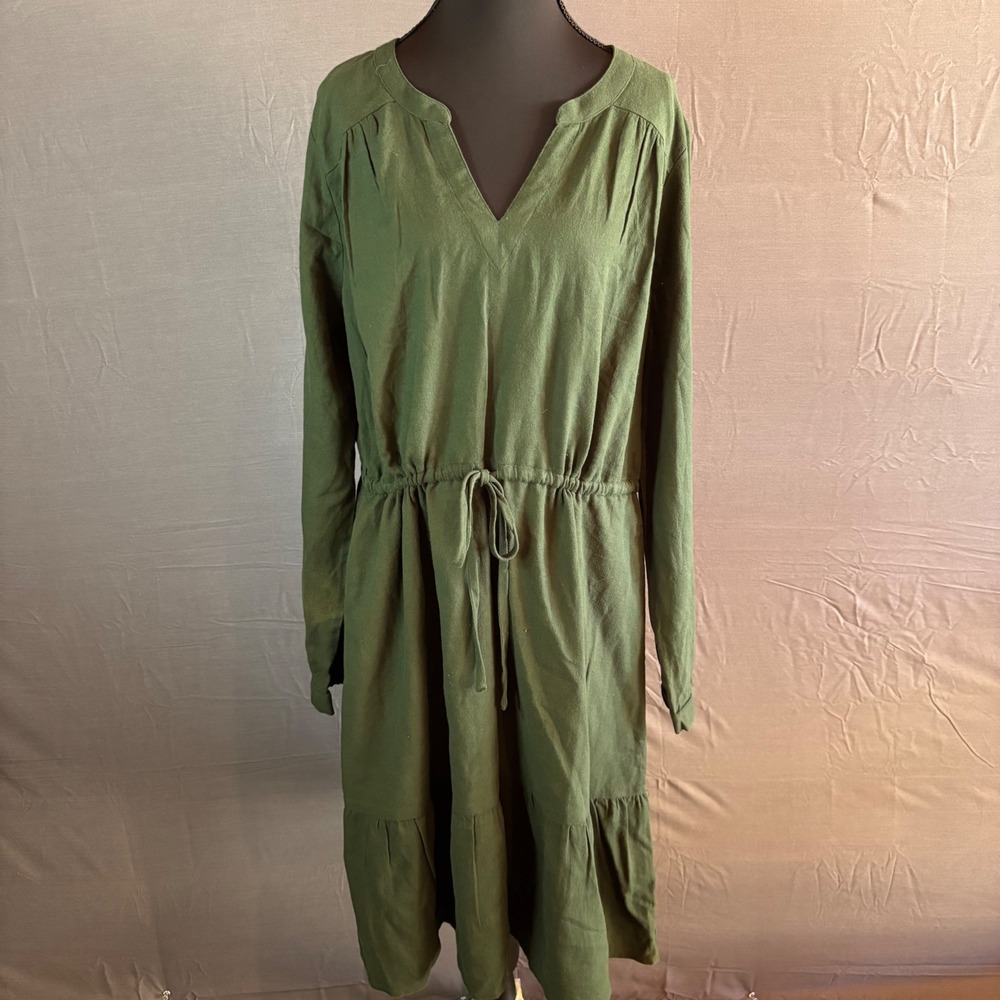 Pact Womens Dress L Large Green Long Sleeve Tiered Organic Cotton Drawstring